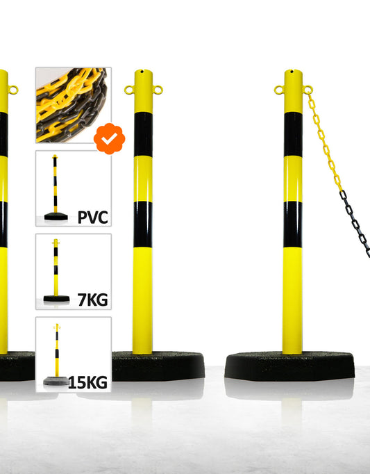 Kit de 6 poteaux en plastique, jaune / noir + 25 mètres de chaîne assortie