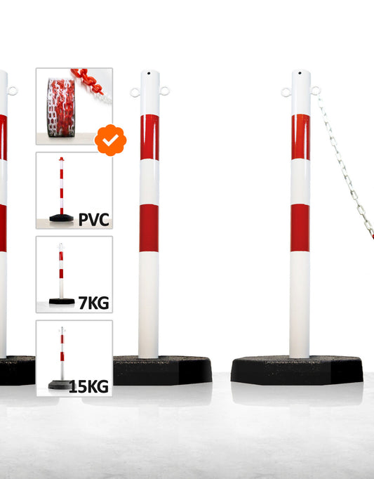 Kit de 6 poteaux en plastique, rouge / blanc + 25 mètres de chaîne assortie